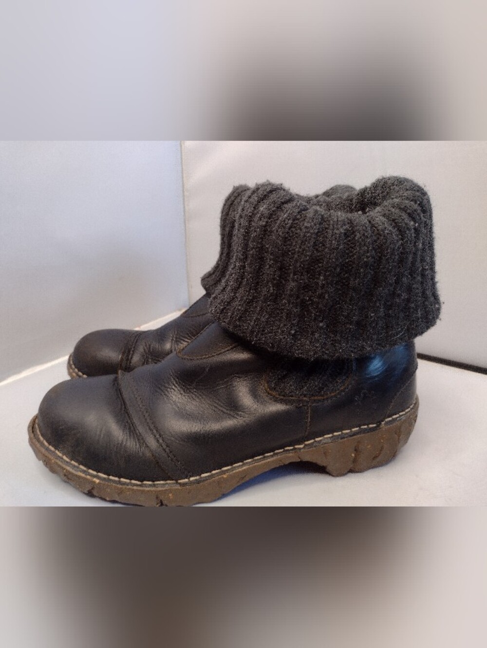 EL Naturalista Knit Yggdrasil Leather Chelsea Boots Size 8 Black Fold Over H